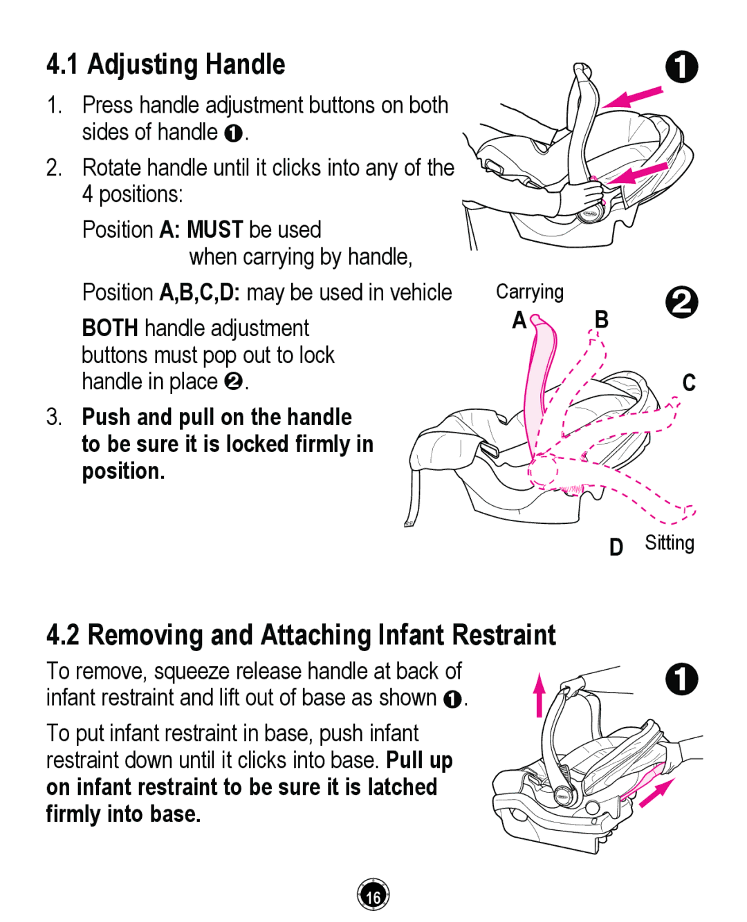 Graco CLASSIC CONNECT 35, PD261464A manual Adjusting Handle, Removing and Attaching Infant Restraint 