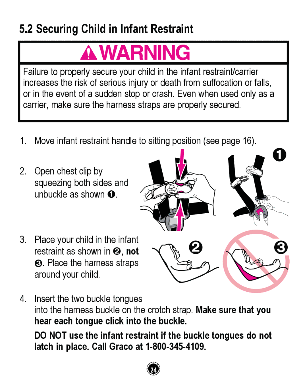 Graco CLASSIC CONNECT 35, PD261464A manual Securing Child in Infant Restraint 