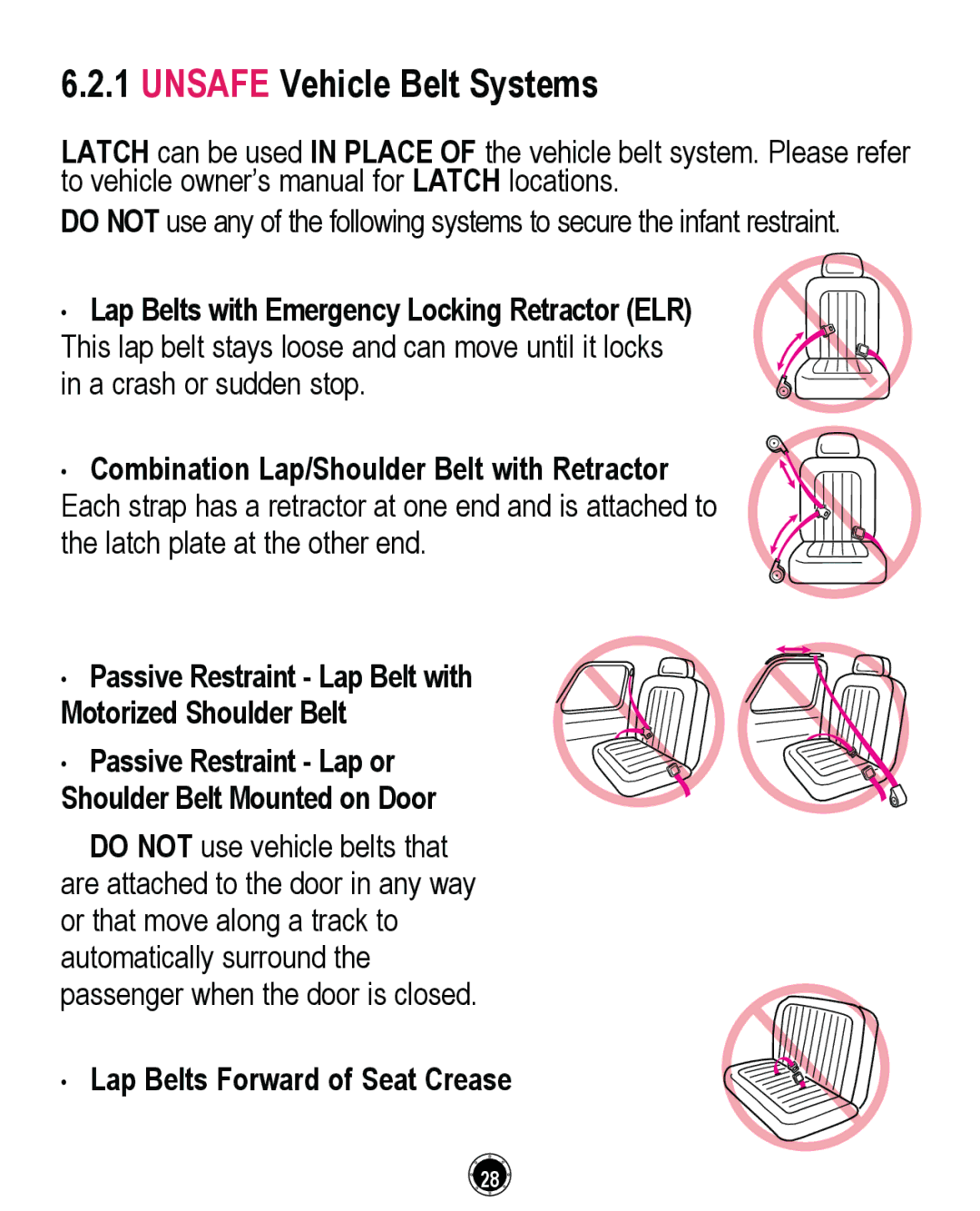 Graco CLASSIC CONNECT 35, PD261464A manual Unsafe Vehicle Belt Systems, ‡ Lap Belts Forward of Seat Crease 