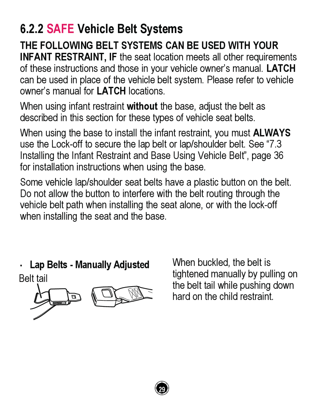 Graco PD261464A, CLASSIC CONNECT 35 manual Safe Vehicle Belt Systems, ‡ Lap Belts Manually Adjusted Belt tail 