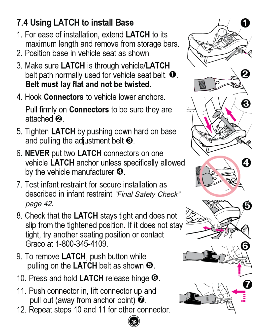 Graco PD261464A, CLASSIC CONNECT 35 manual Using Latch to install Base, Belt must lay flat and not be twisted 