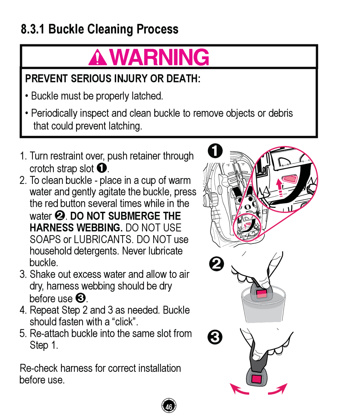 Graco CLASSIC CONNECT 35, PD261464A manual Buckle Cleaning Process, Prevent Serious Injury or Death 