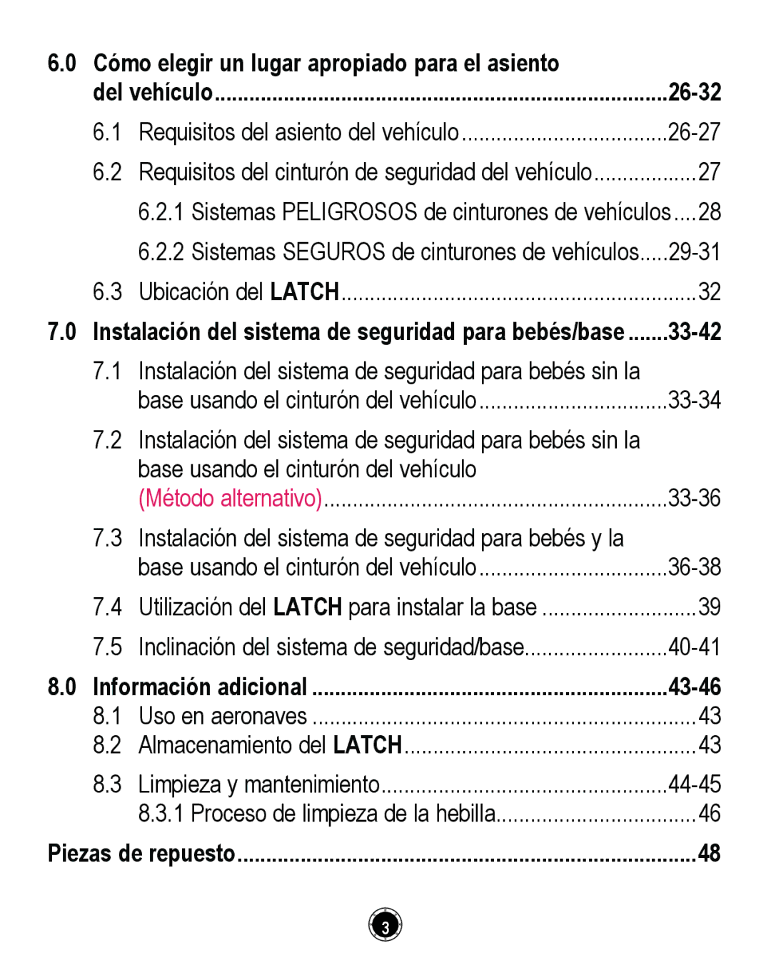 Graco PD261464A manual Instalación del sistema de seguridad para bebés/base 33-42, Información adicional 43-46 