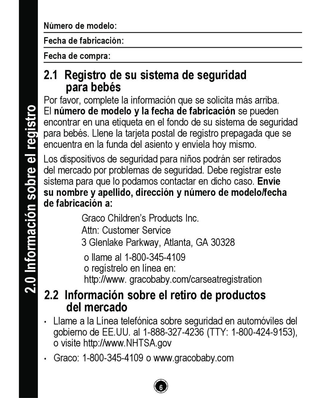 Graco CLASSIC CONNECT 35, PD261464A manual Información sobre el registro, Registro de su sistema de seguridad para bebés 