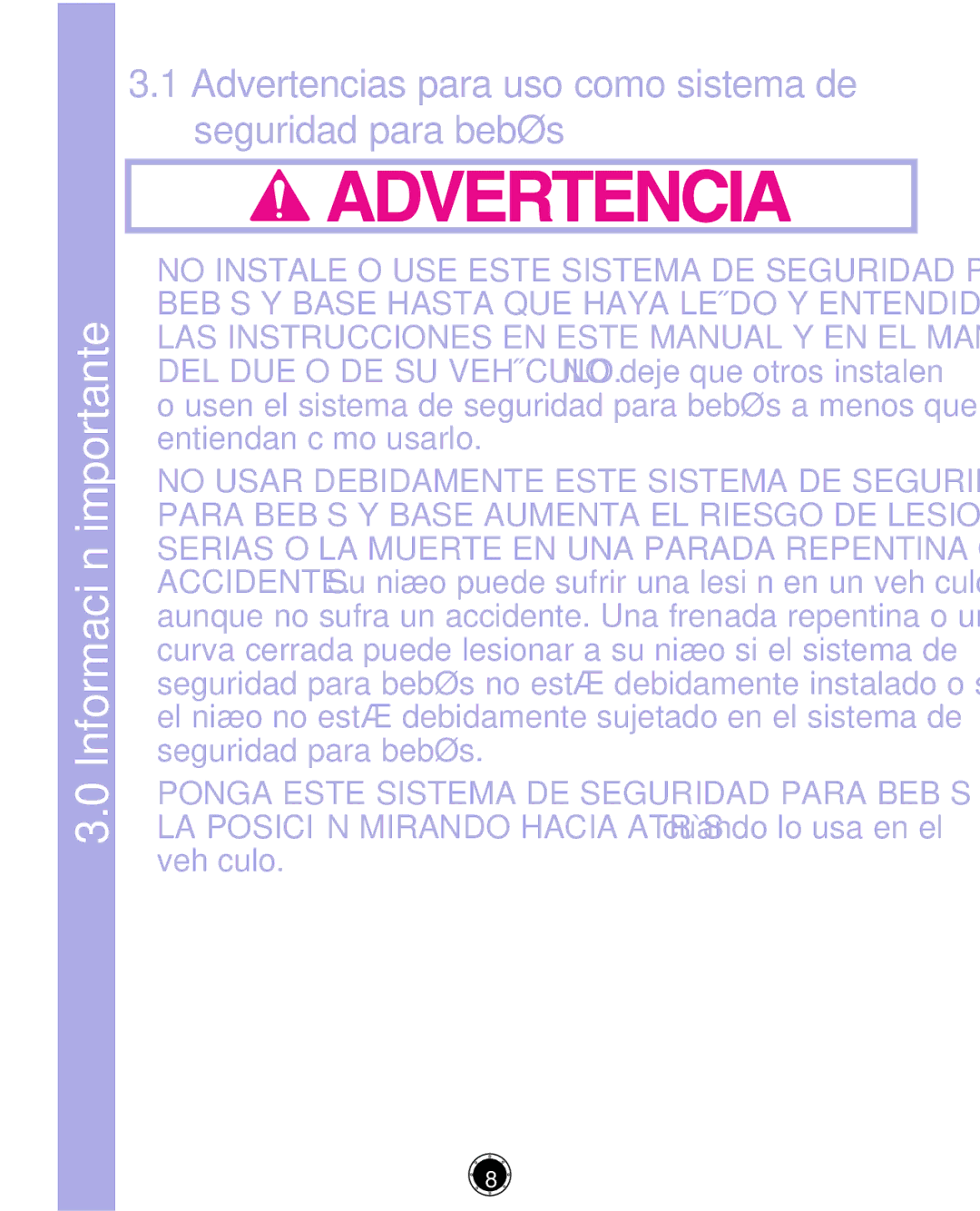 Graco CLASSIC CONNECT 35, PD261464A Información importante, Advertencias para uso como sistema de seguridad para bebés 