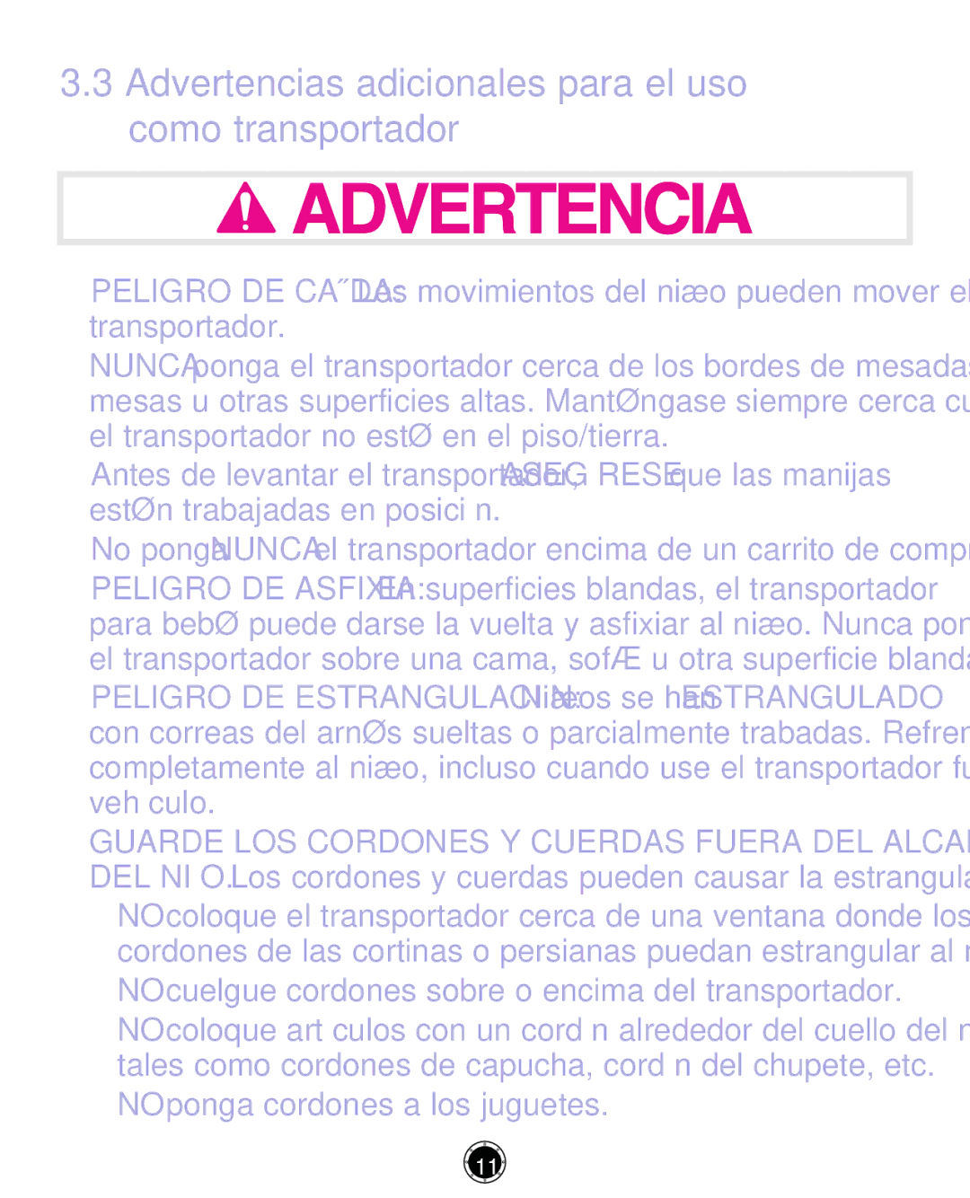 Graco PD261464A, CLASSIC CONNECT 35 manual Advertencias adicionales para el uso como transportador 