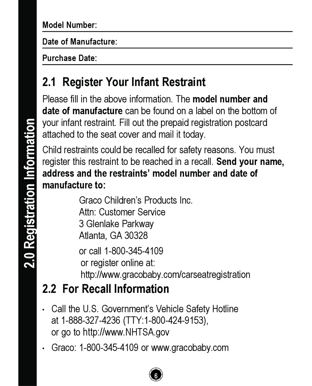 Graco CLASSIC CONNECT 35, PD261464A manual Registration Information, Register Your Infant Restraint, For Recall Information 