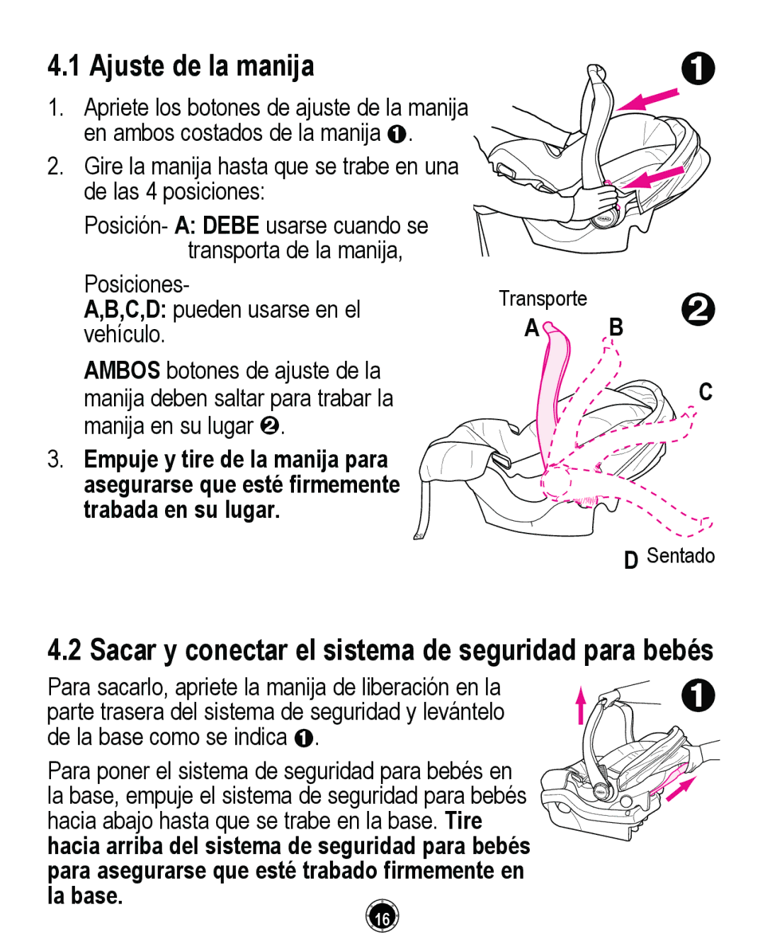 Graco CLASSIC CONNECT 35, PD261464A manual Ajuste de la manija, Sacar y conectar el sistema de seguridad para bebés 