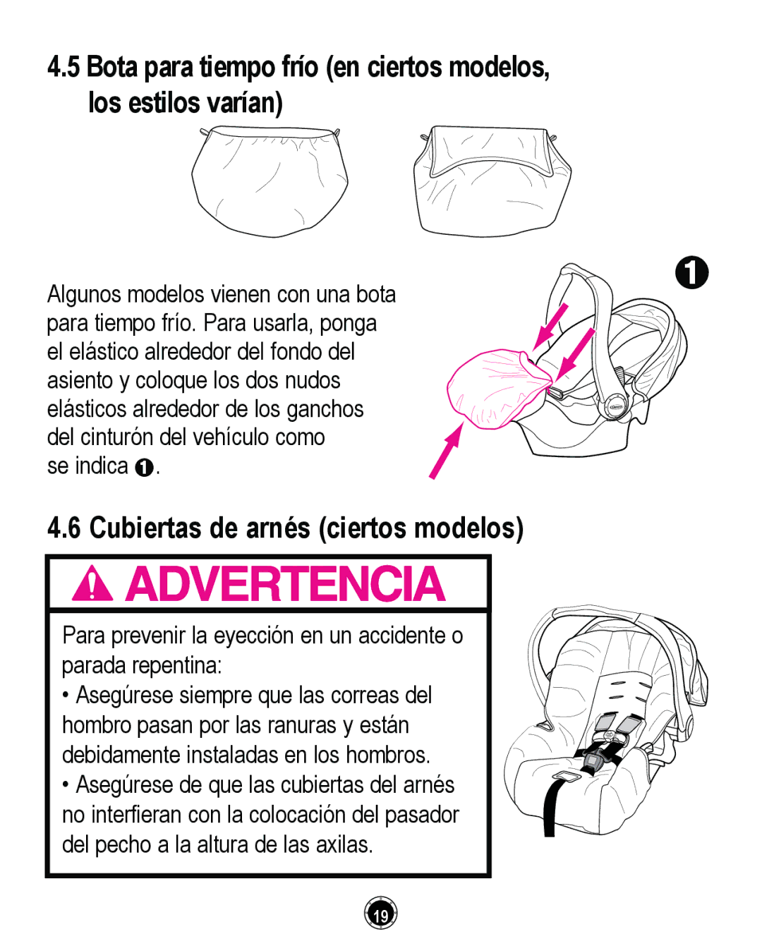 Graco PD261464A manual Bota para tiempo frío en ciertos modelos, los estilos varían, Cubiertas de arnés ciertos modelos 