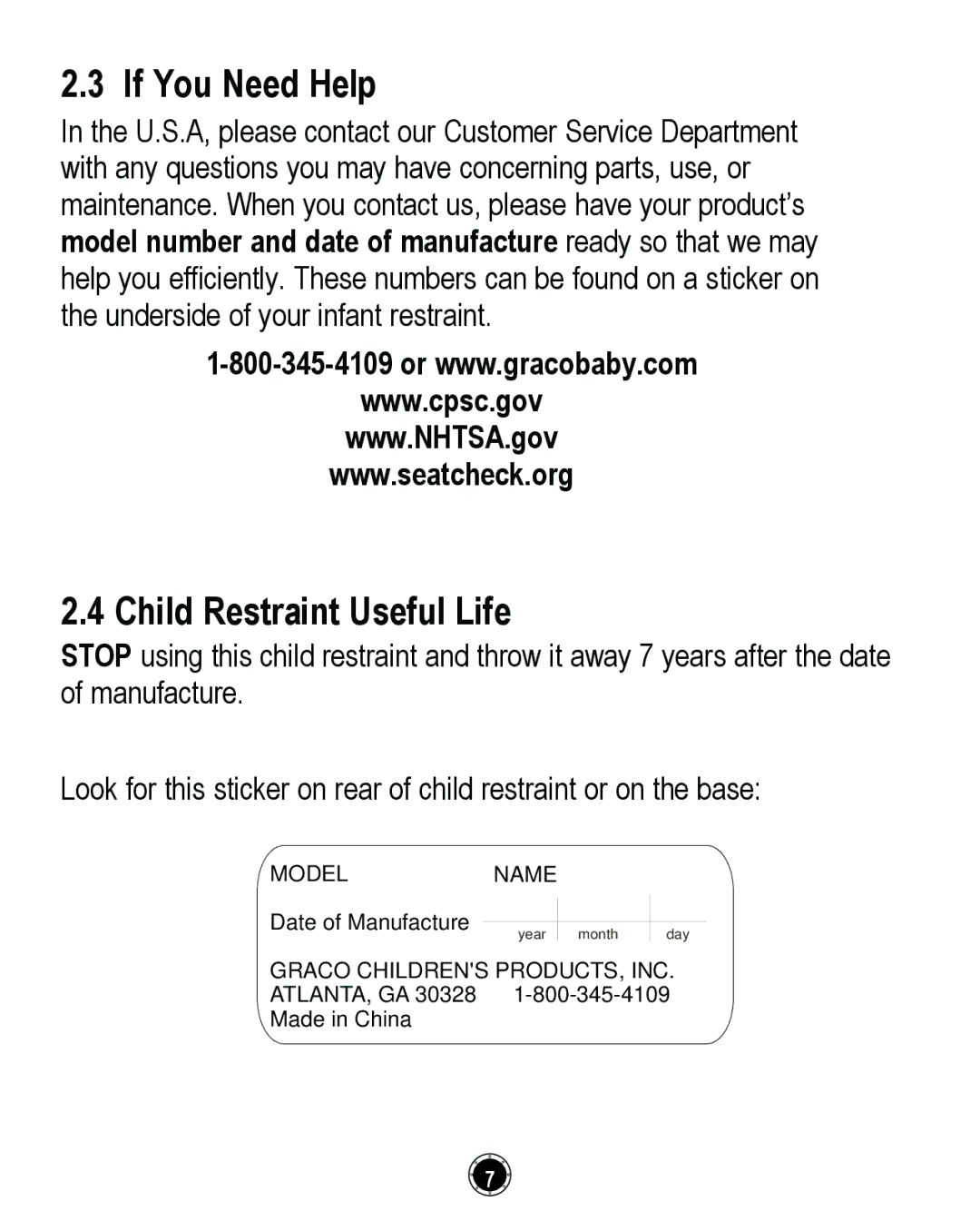 Graco PD261464A, CLASSIC CONNECT 35 manual If You Need Help, Child Restraint Useful Life 