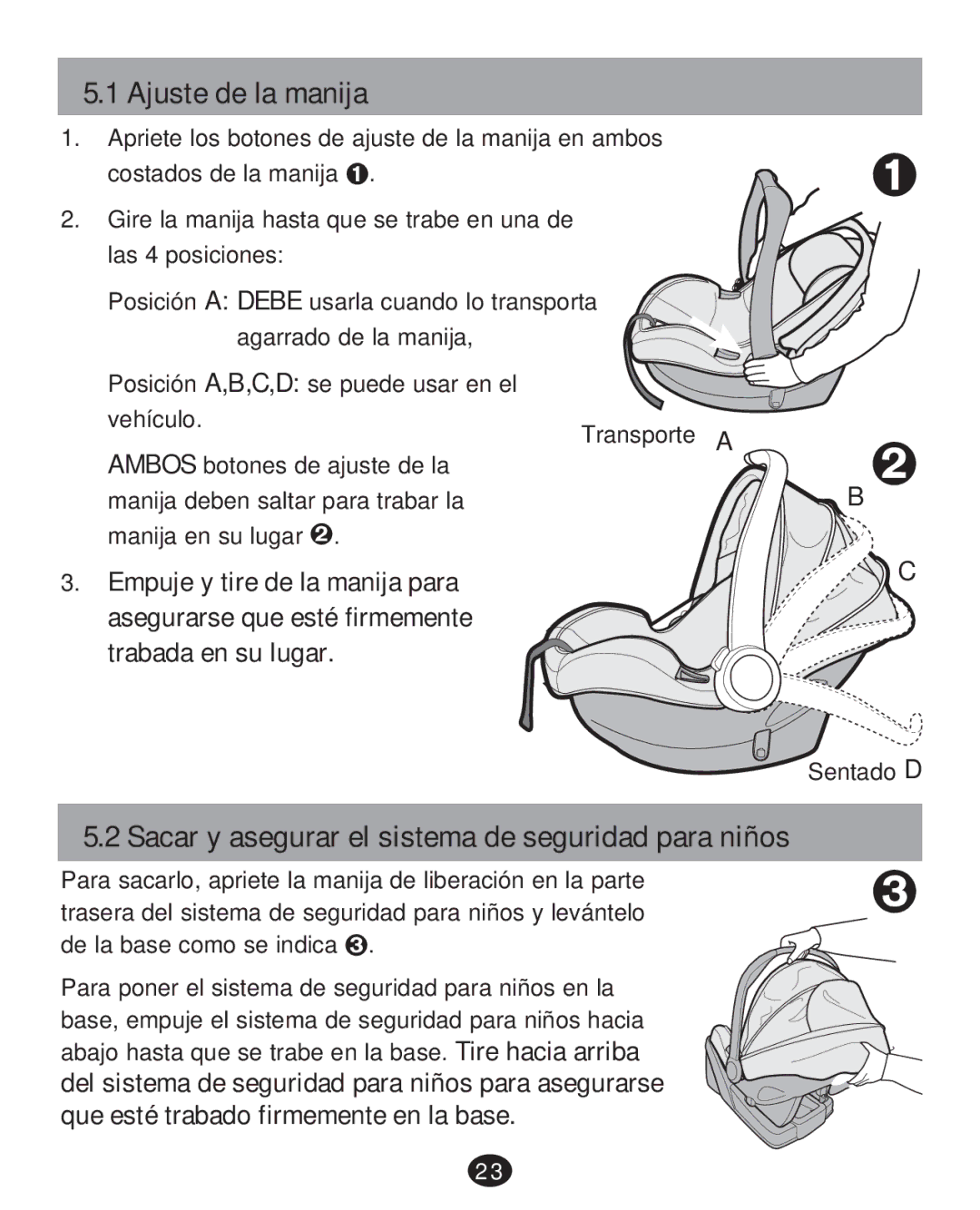 Graco PD217347A, CLICK CONNECT 35 LX manual Ajuste de la manija, Sacar y asegurar el sistema de seguridad para niños 