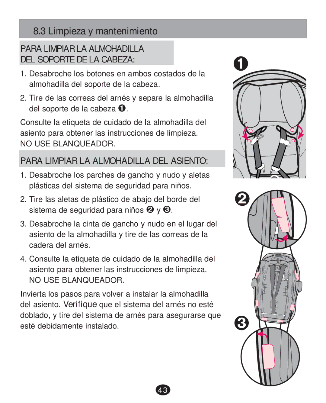 Graco PD217347A, CLICK CONNECT 35 LX manual Limpieza y mantenimiento, Para Limpiar LA Almohadilla DEL Soporte DE LA Cabeza 