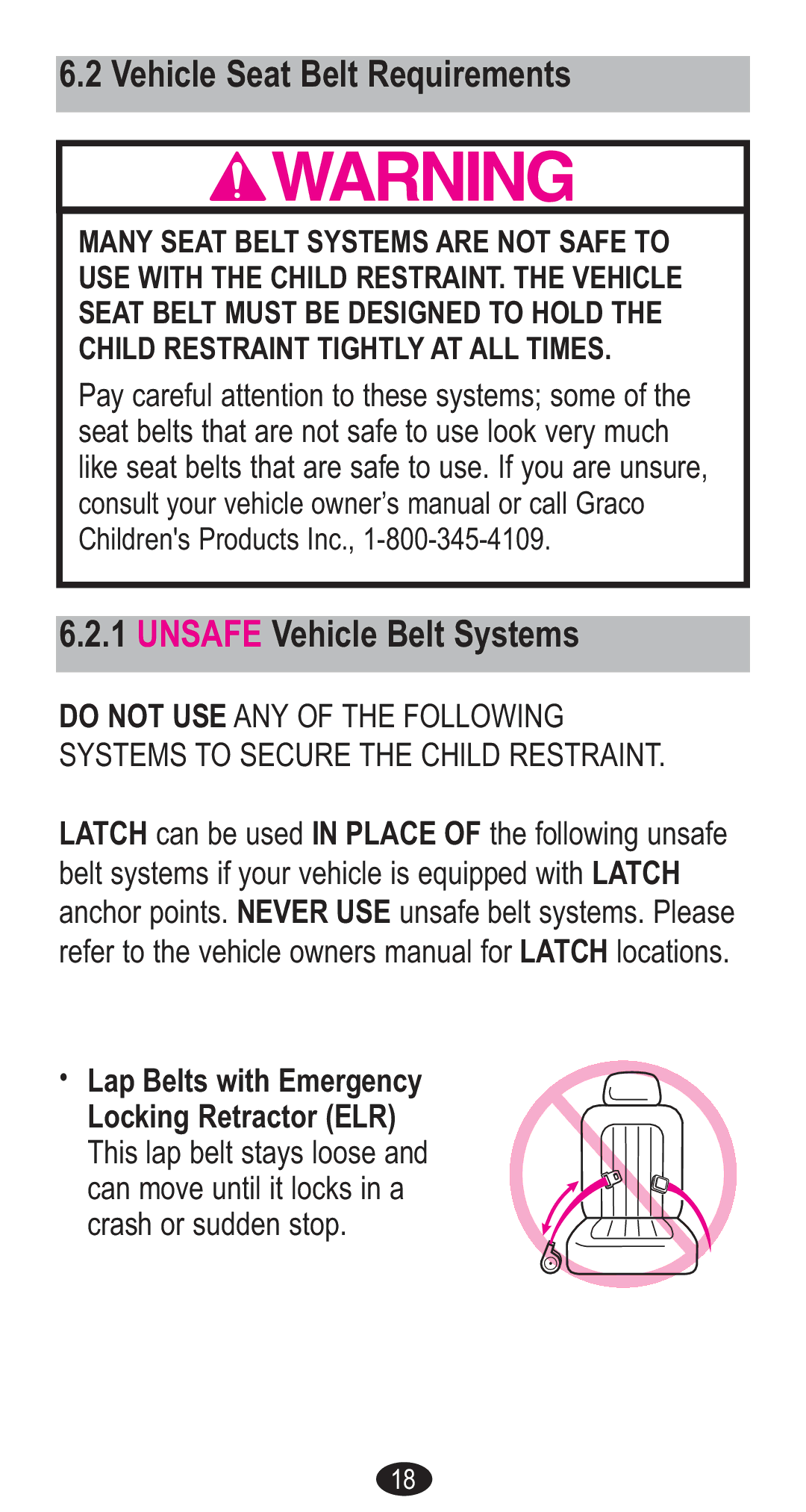 Graco CozyCline owner manual Vehicle Seat Belt Requirements, Unsafe Vehicle Belt Systems 