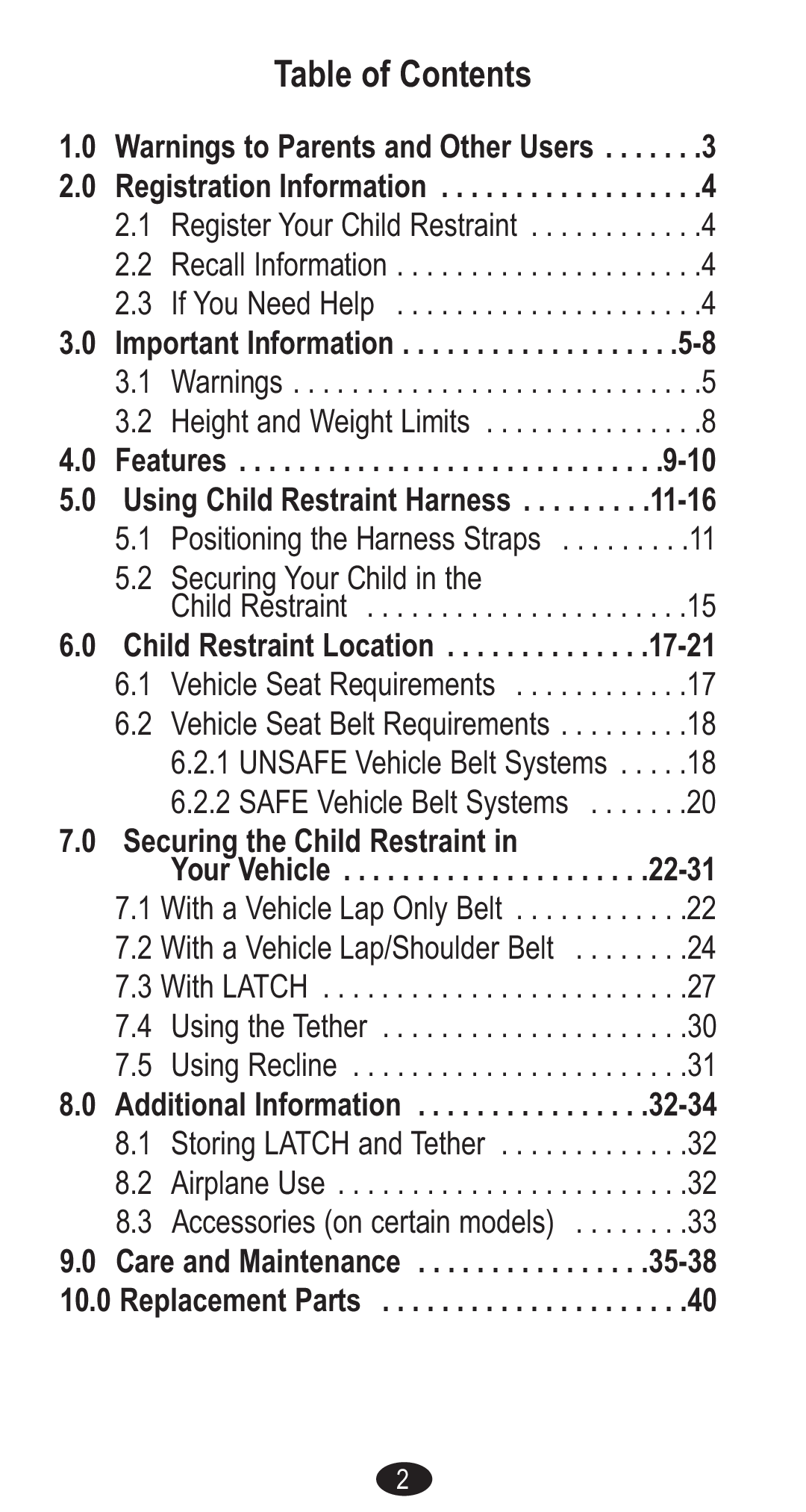 Graco CozyCline owner manual Table of Contents 