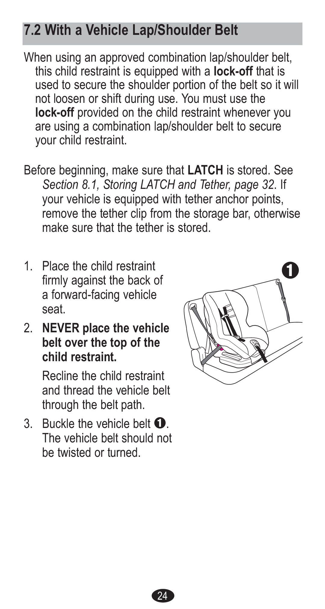 Graco CozyCline owner manual With a Vehicle Lap/Shoulder Belt, Never place the vehicle Belt over the top Child restraint 