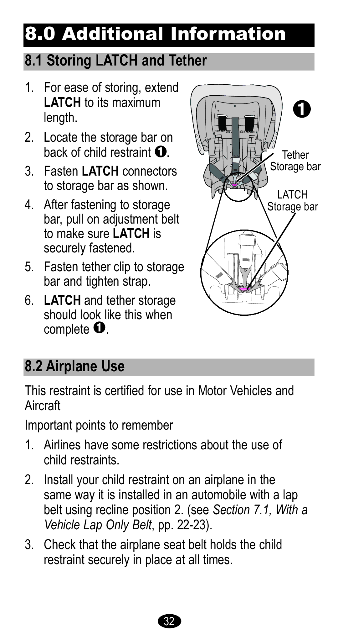 Graco CozyCline owner manual Storing Latch and Tether, Airplane Use 