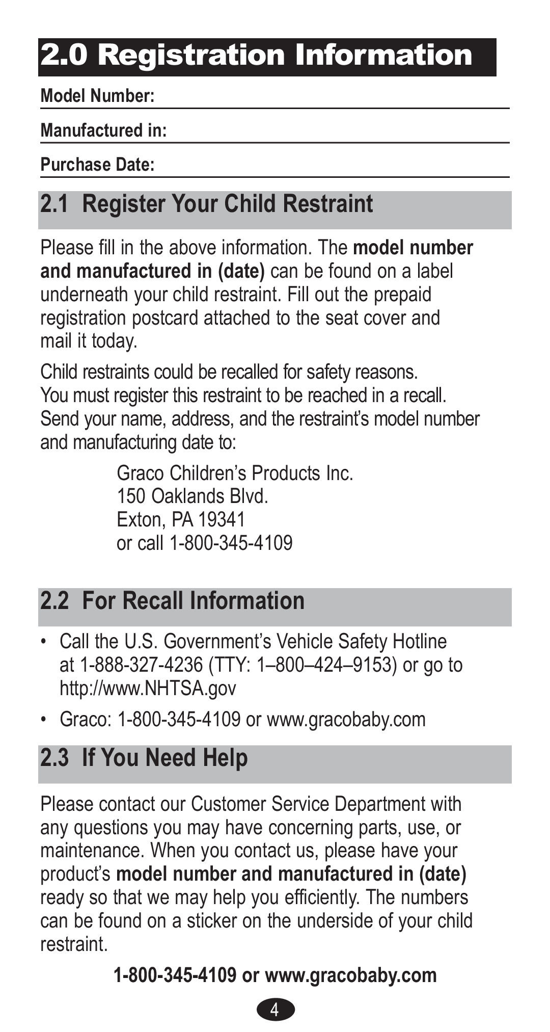 Graco CozyCline owner manual Register Your Child Restraint, For Recall Information If You Need Help 