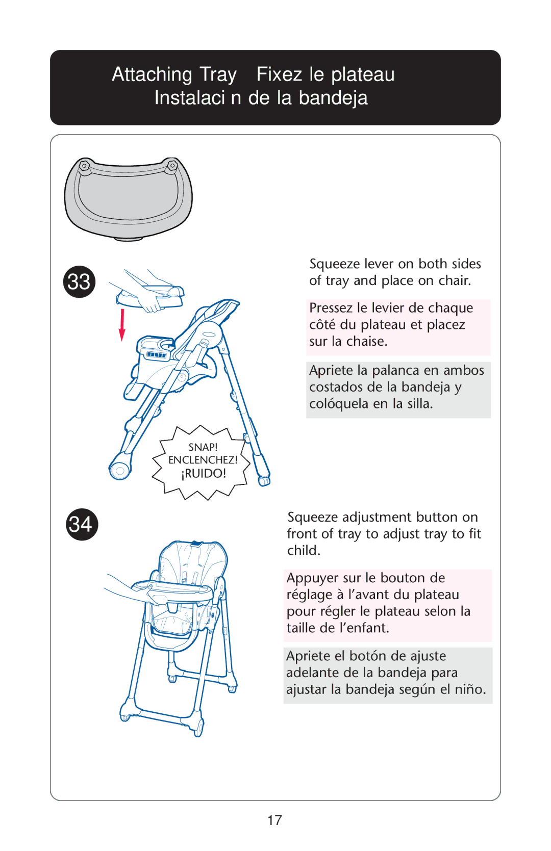 Graco CozyDinette manual Attaching Tray Fixez le plateau Instalación de la bandeja 