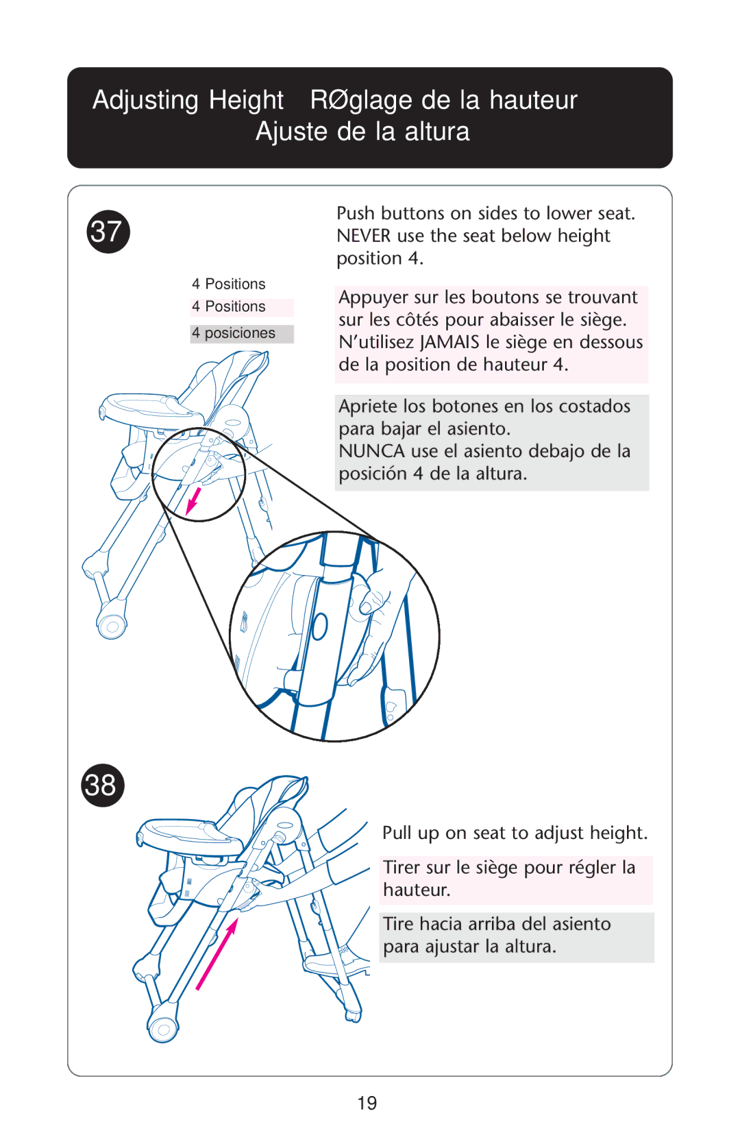 Graco CozyDinette manual Adjusting Height Réglage de la hauteur Ajuste de la altura 