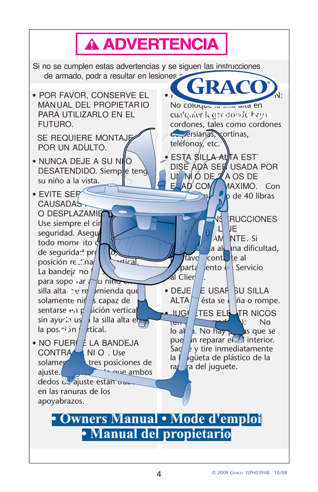 Graco CozyDinette manual Evite Serias Lesiones Causadas POR Caídas O Desplazamientos 