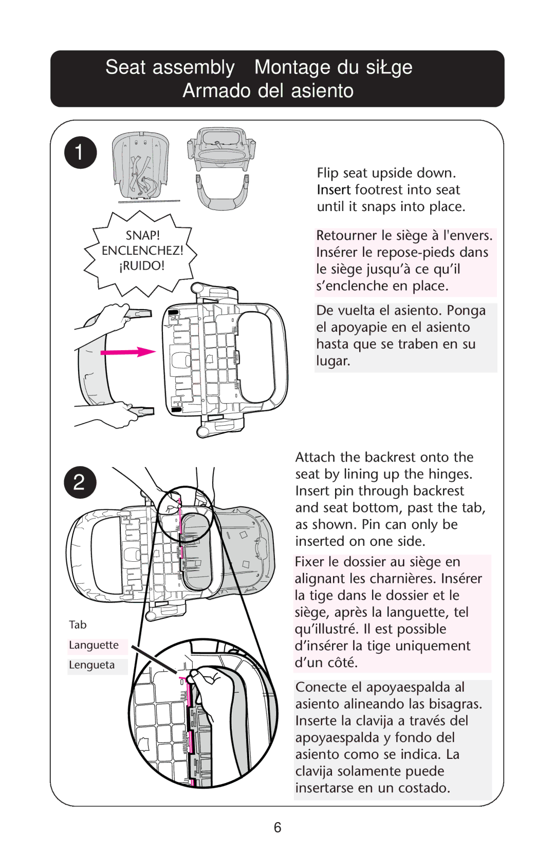 Graco CozyDinette manual Seat assembly Montage du siège Armado del asiento 