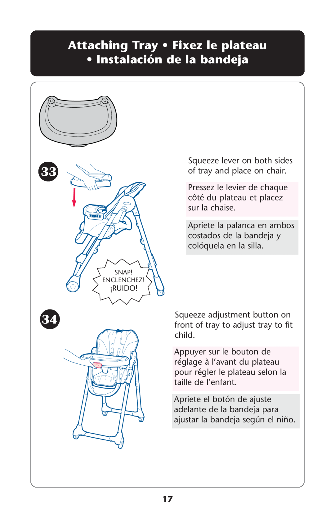 Graco CozyDinette manual Attaching Tray Fixez le plateau Instalación de la bandeja 