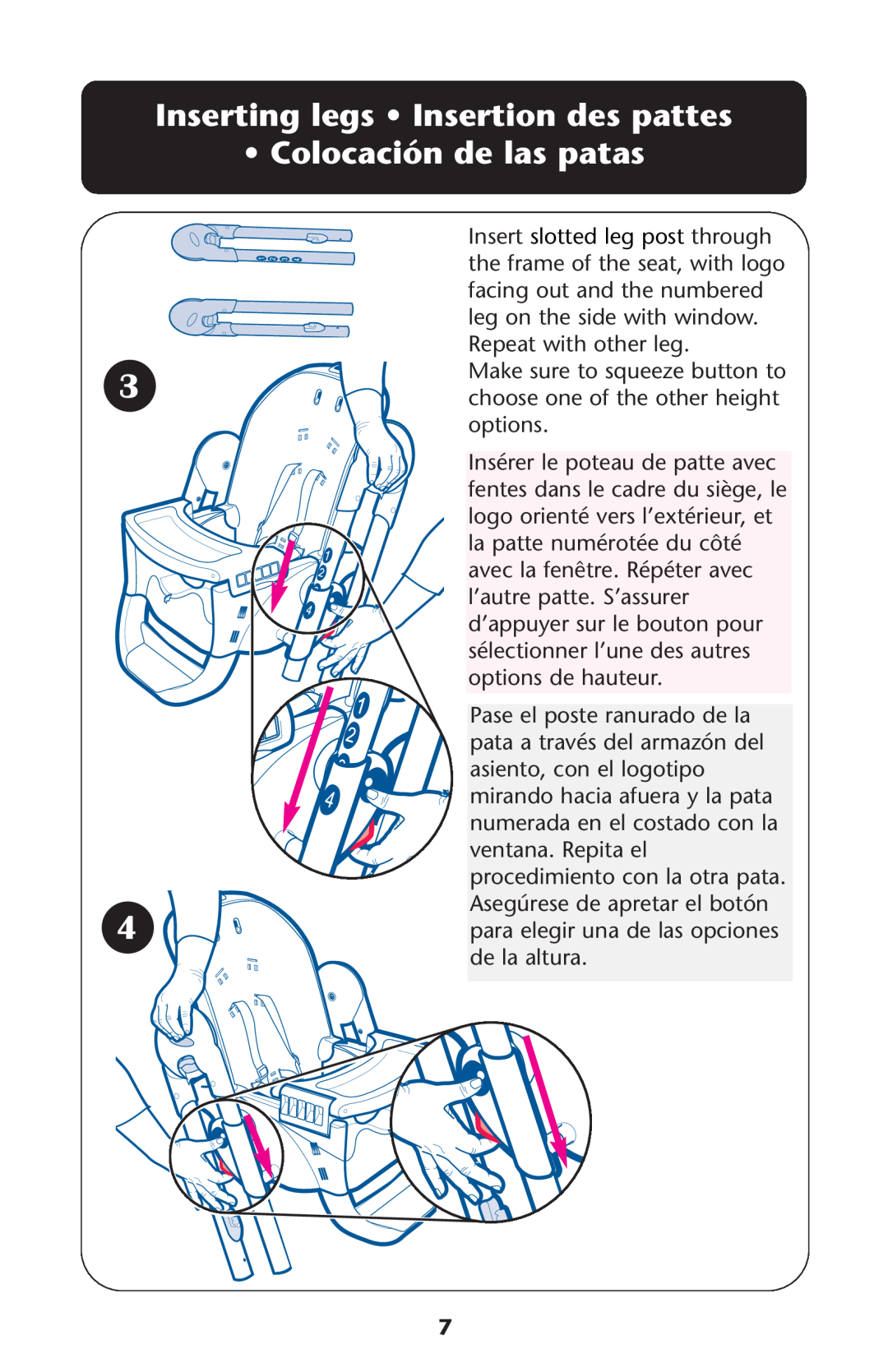 Graco CozyDinette manual Inserting legs Insertion des pattes Colocación de las patas 