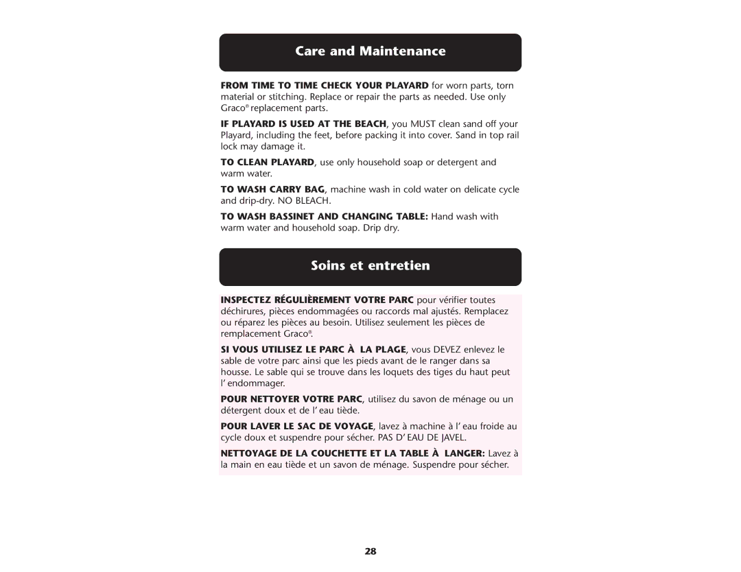 Graco Crib manual Care and Maintenance, Soins et entretien 