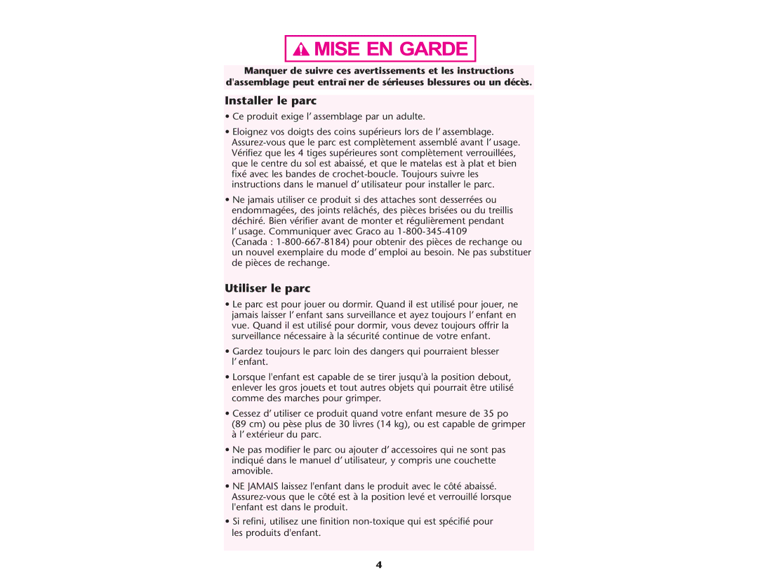 Graco Crib manual Installer le parc, Utiliser le parc 