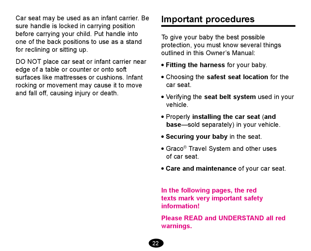 Graco deluxe series manual Important procedures 