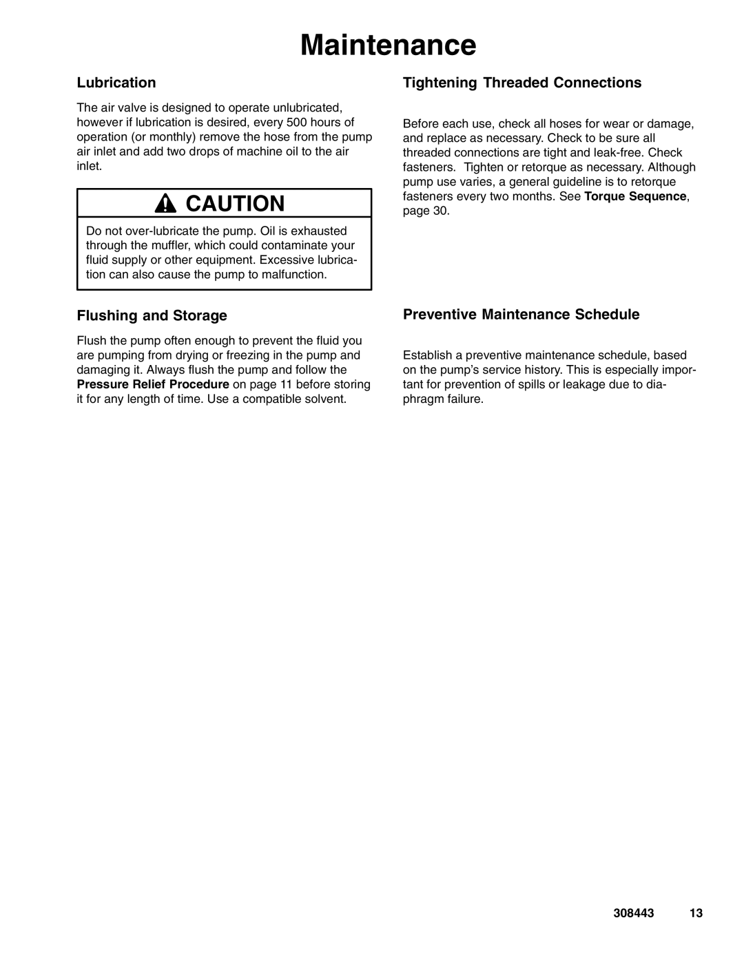 Graco DR2, DS5, D82 Lubrication, Tightening Threaded Connections, Flushing and Storage, Preventive Maintenance Schedule 