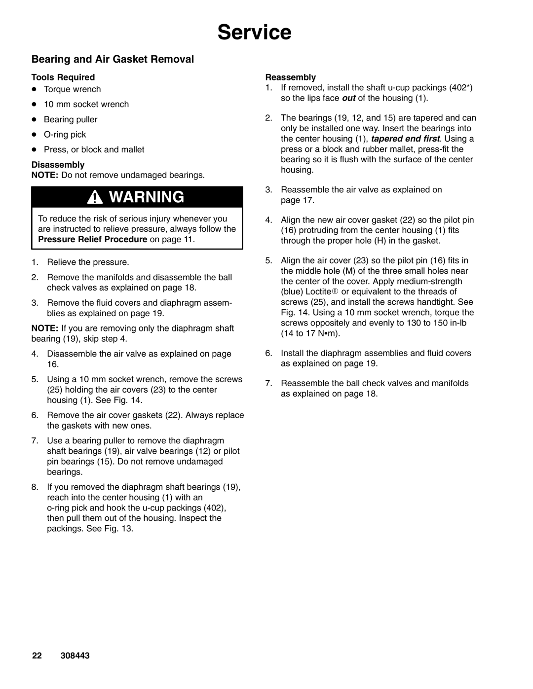 Graco DR2, DS5, D82, D72, D85, DR5, DS2, D81, D75 important safety instructions Bearing and Air Gasket Removal 