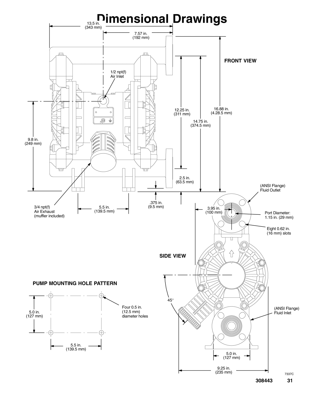 Graco DR2, DS5, D82, D72, D85, DR5, DS2, D81, D75 InDimensional.Drawings, Front View, Side View Pump Mounting Hole Pattern 