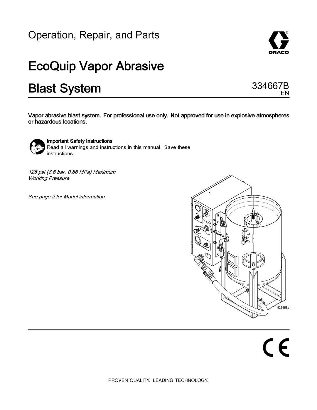 Graco EQ300C manual EcoQuip Vapor Abrasive Blast System, Important Safety Instructions 