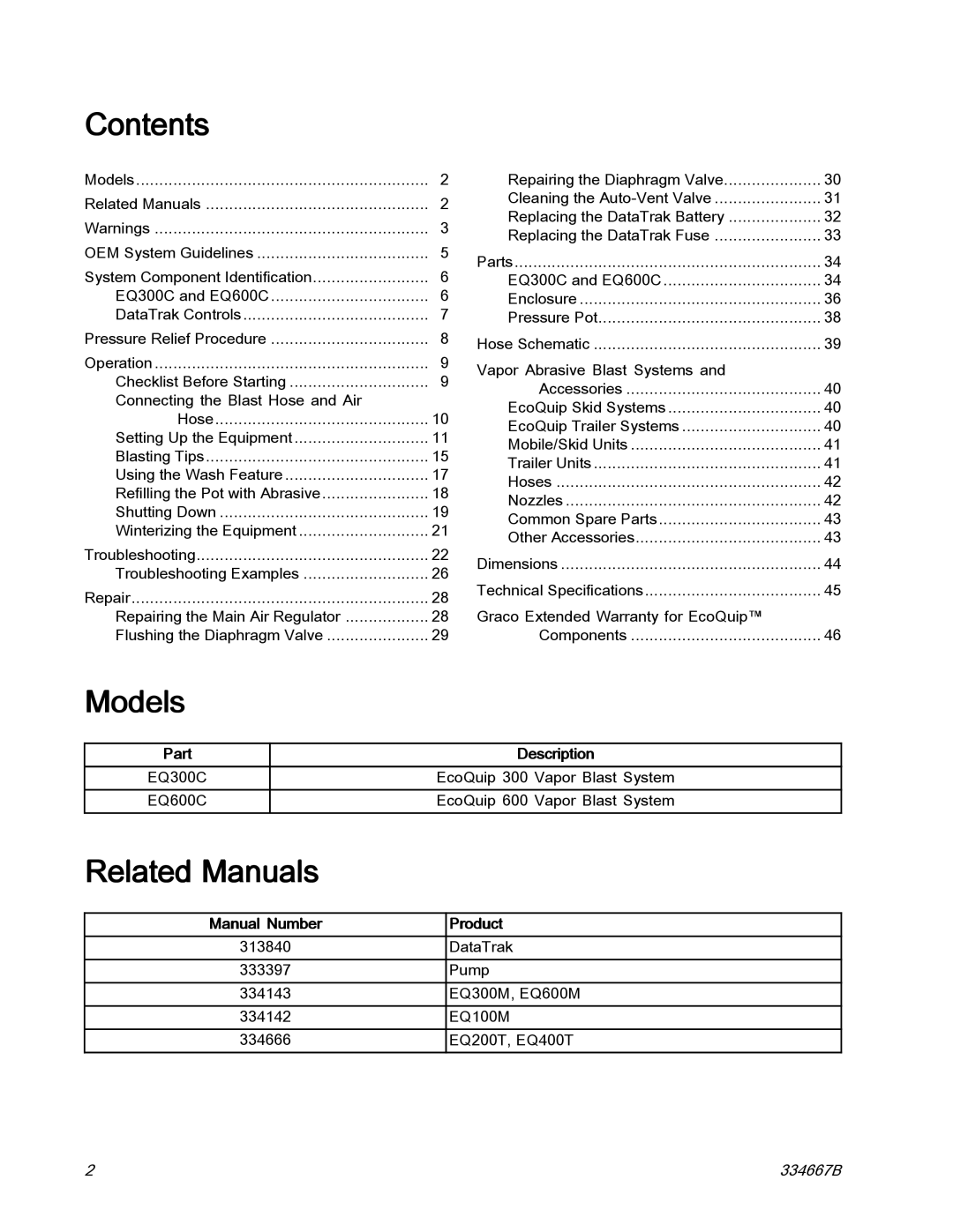 Graco EQ300C manual Models, Related Manuals 