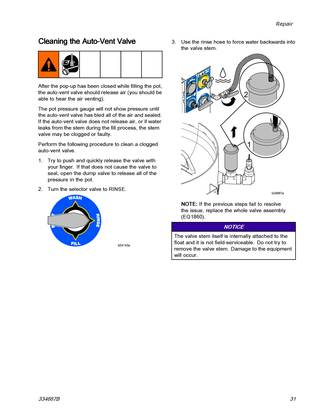 Graco EQ300C manual Cleaning the Auto-Vent Valve 