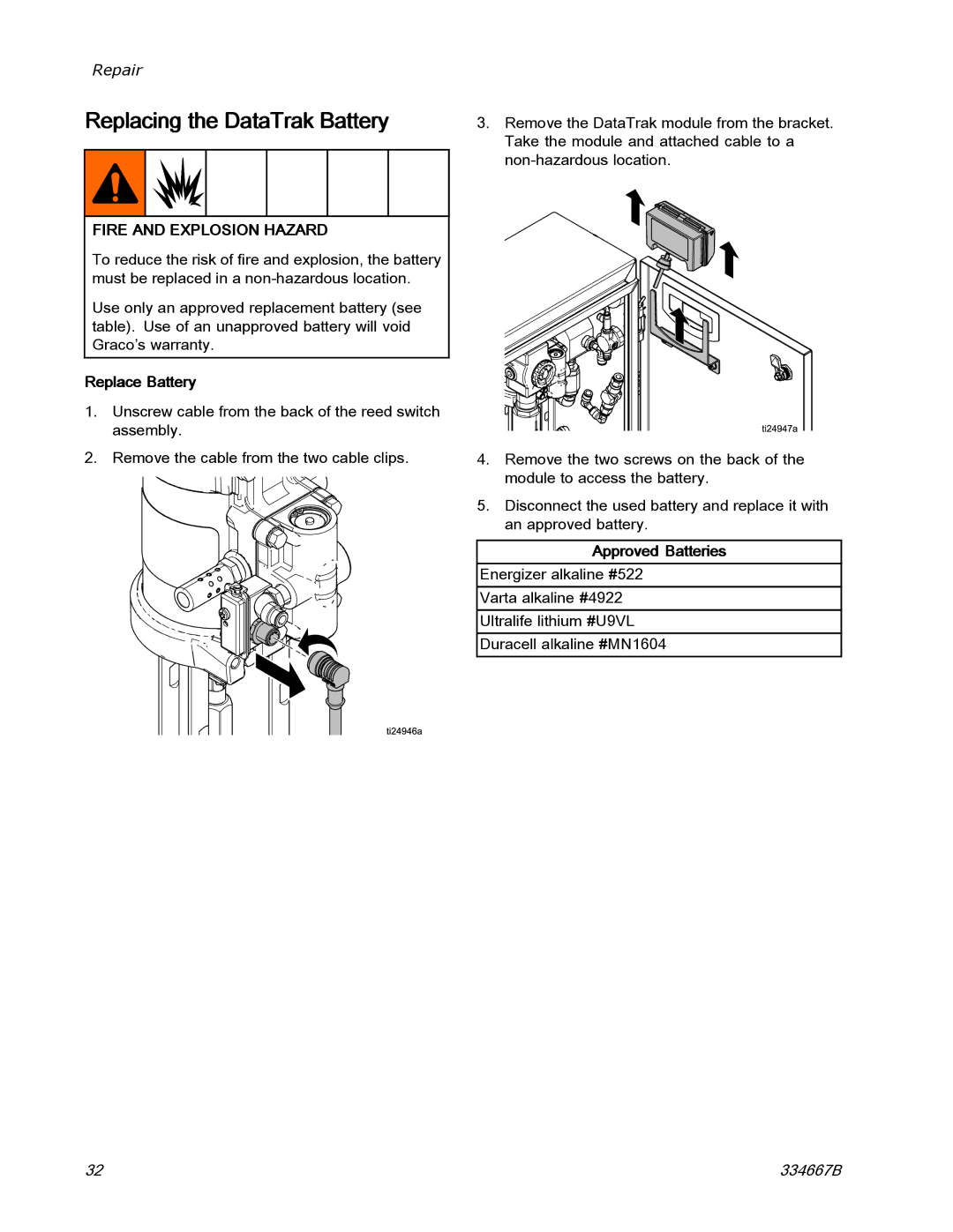 Graco EQ300C manual Replacing the DataTrak Battery, Replace Battery, Approved Batteries 