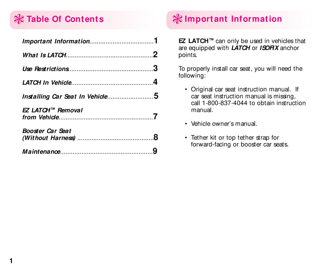 Graco EZ manual Table Of Contents Important Information 