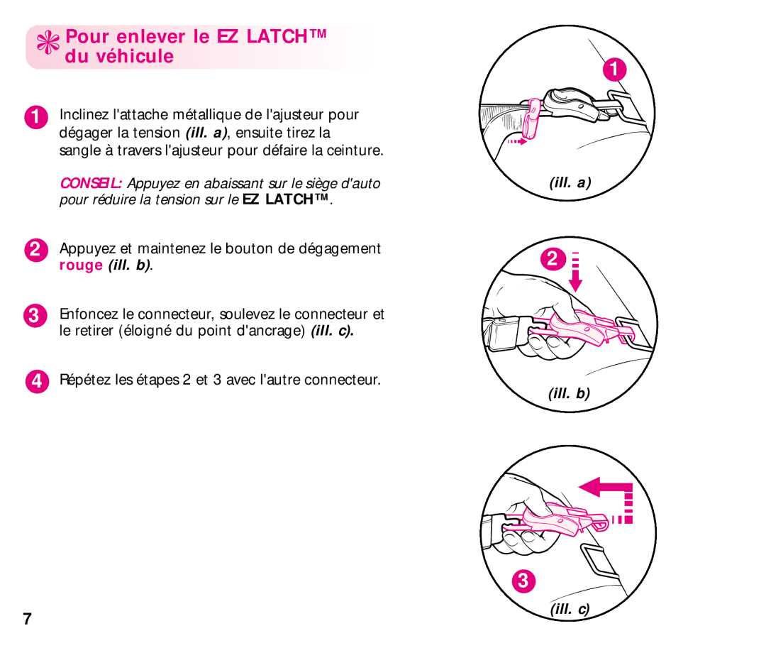 Graco manual Pour enlever le EZ Latch du véhicule, Ill. a Ill. b Ill. c 