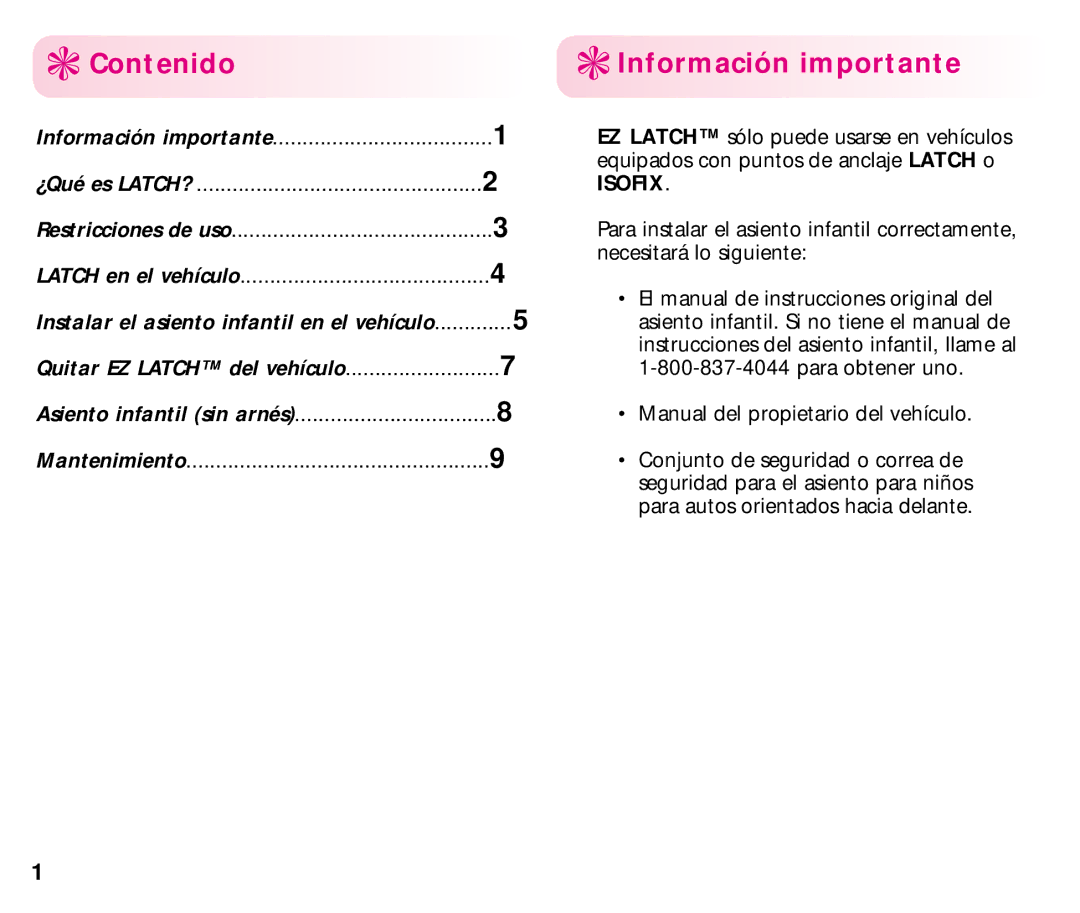 Graco manual Contenido, Información importante, Quitar EZ Latch del vehículo 