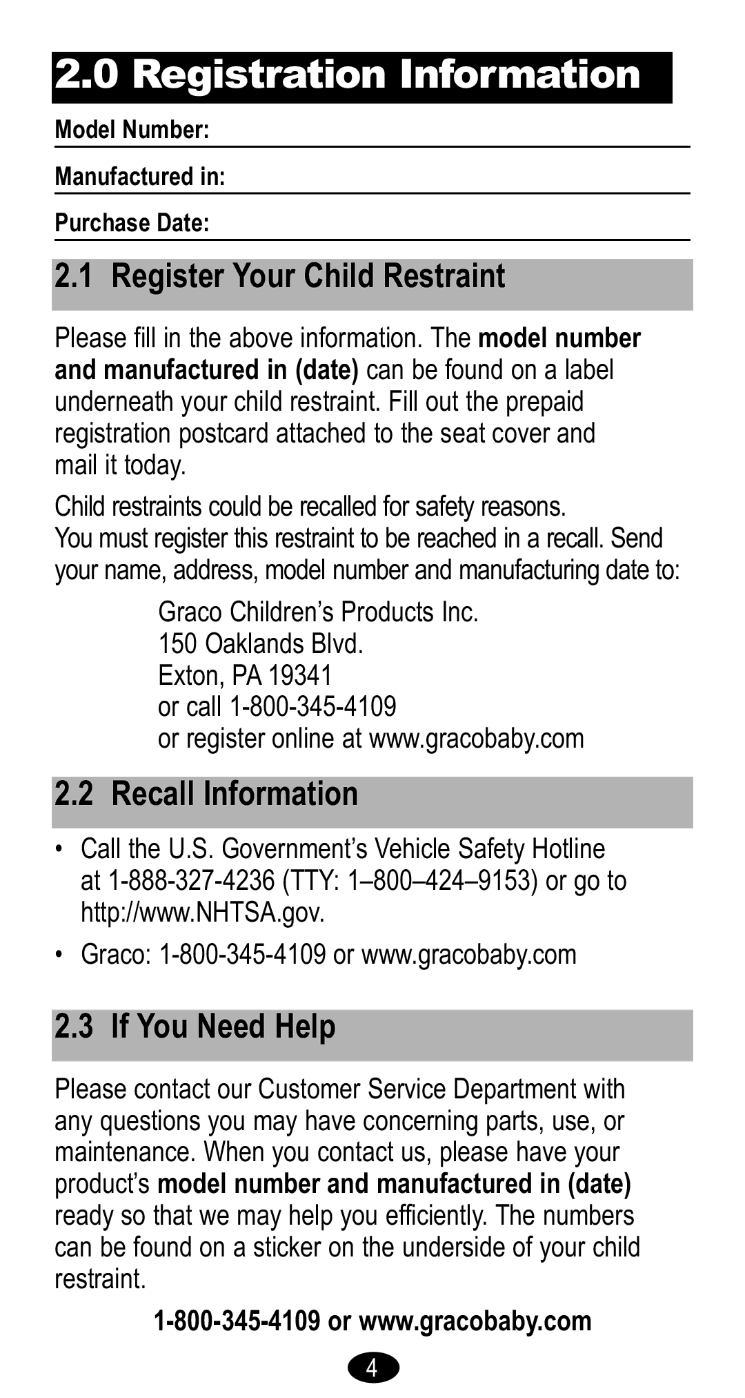 Graco Forward Facing Child Restraint manual Register Your Child Restraint, Recall Information If You Need Help 