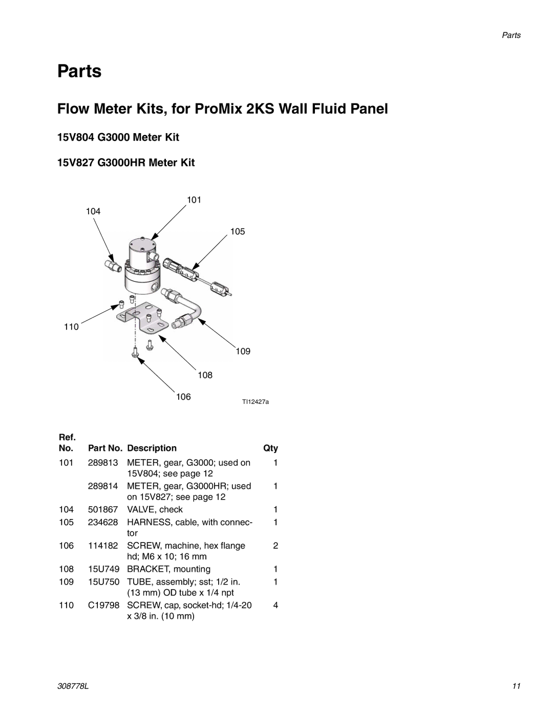 Graco g250 Parts, Flow Meter Kits, for ProMix 2KS Wall Fluid Panel, 15V804 G3000 Meter Kit 15V827 G3000HR Meter Kit 