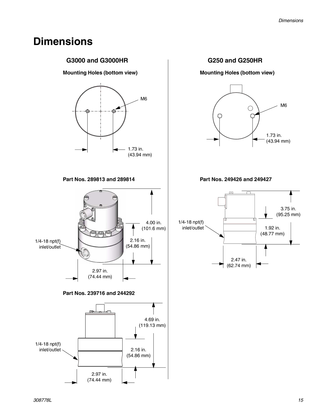 Graco g250 important safety instructions Dimensions, G3000 and G3000HR, G250 and G250HR 