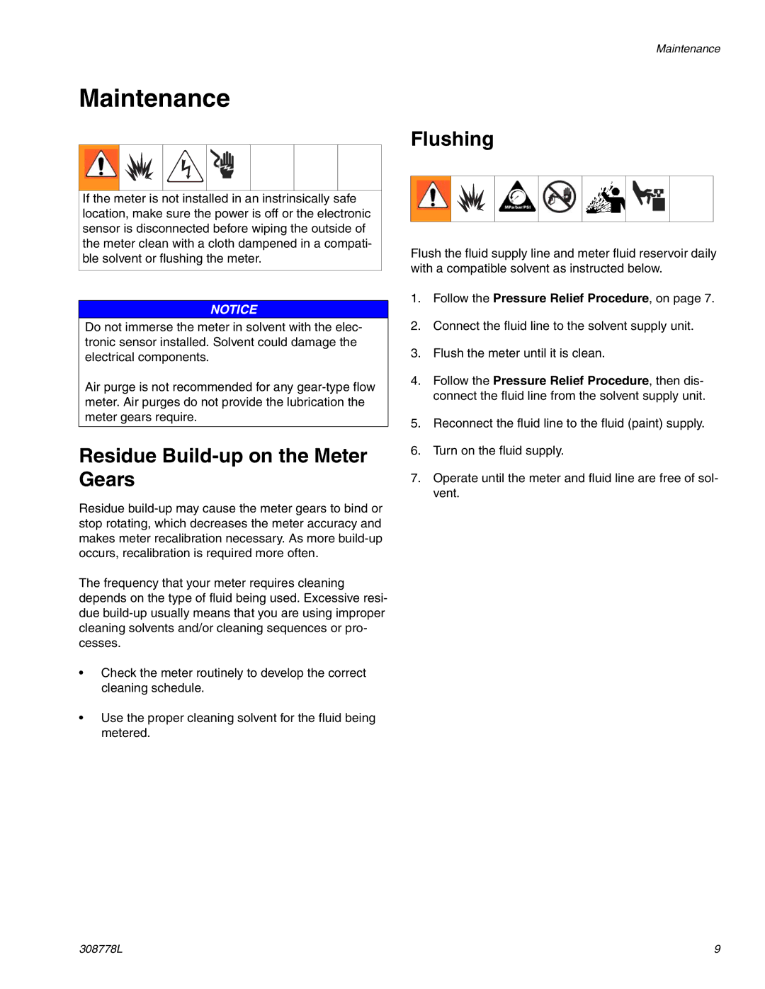 Graco G3000HR, G250HR, g250 important safety instructions Maintenance, Residue Build-up on the Meter Gears, Flushing 