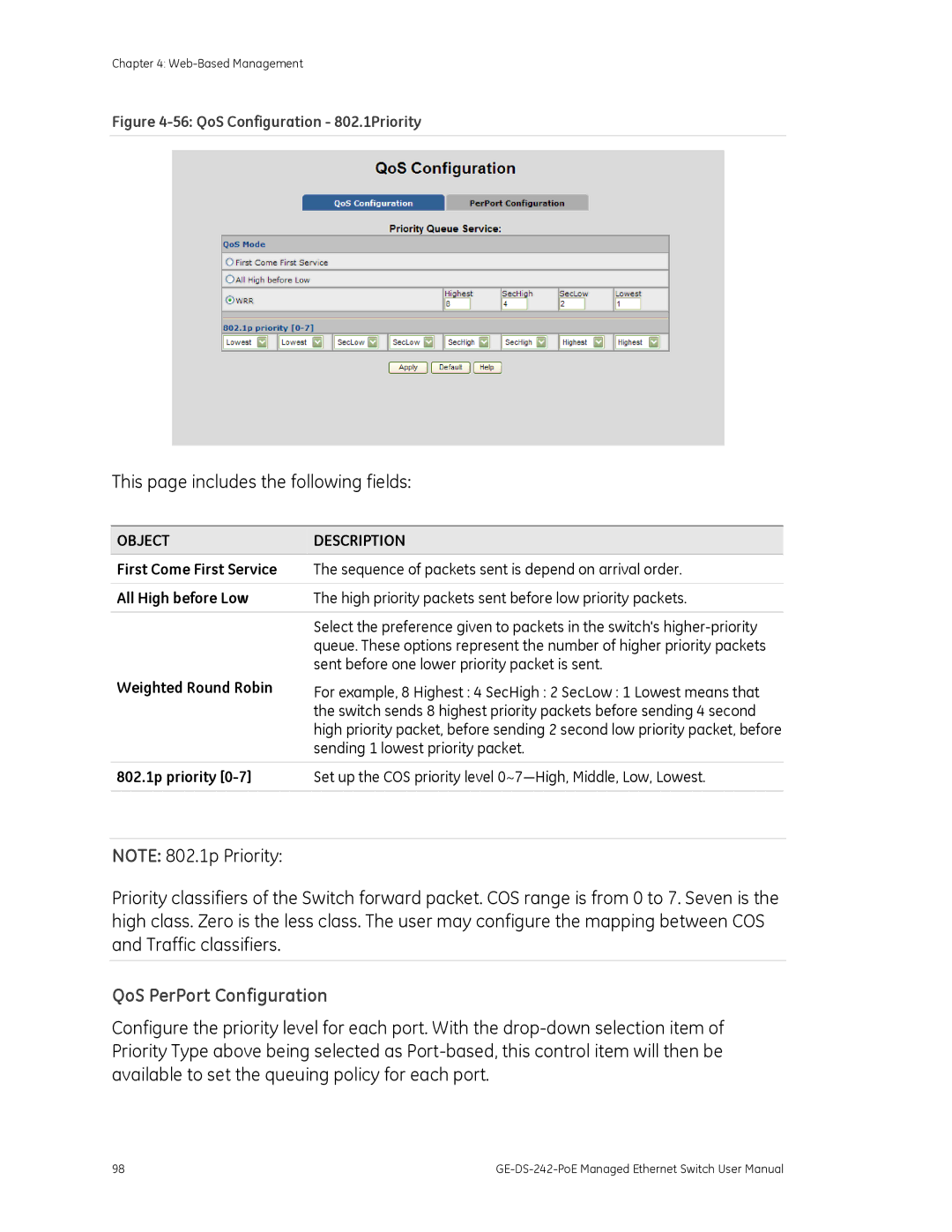 Graco GE-DS-242-POE manual QoS PerPort Configuration, First Come First Service, All High before Low, Weighted Round Robin 