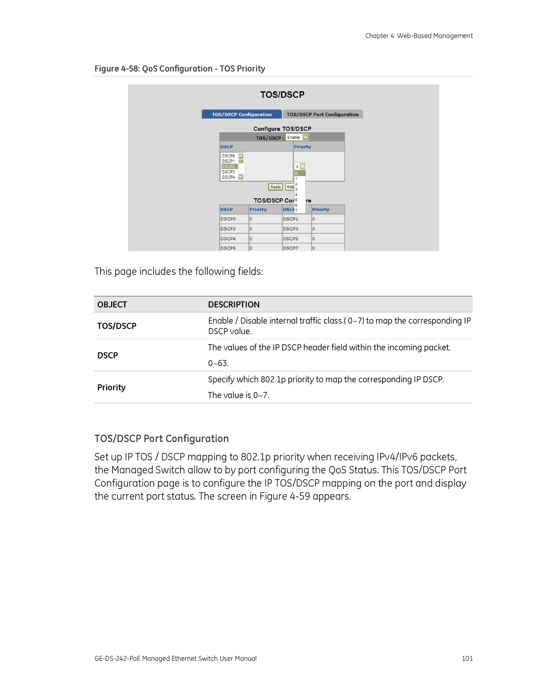 Graco GE-DS-242-POE manual TOS/DSCP Port Configuration, Dscp value, ~63 