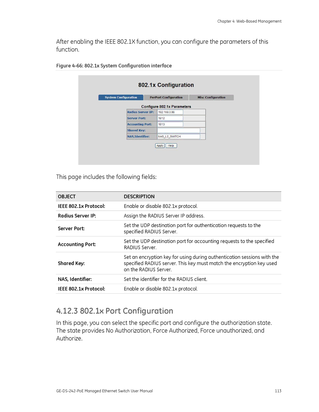 Graco GE-DS-242-POE manual 12.3 802.1x Port Configuration, Shared Key, On the Radius Server 