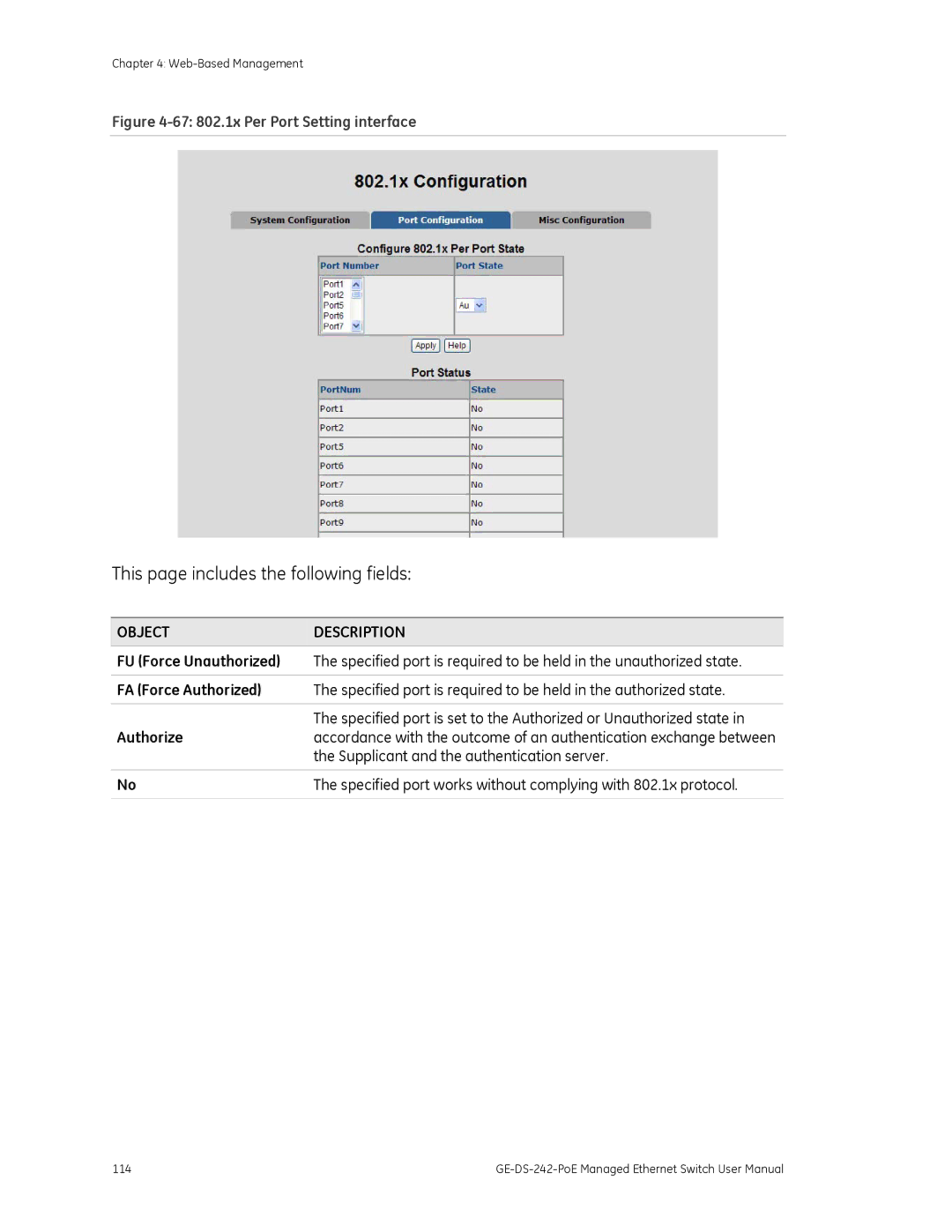 Graco GE-DS-242-POE manual 67 802.1x Per Port Setting interface 