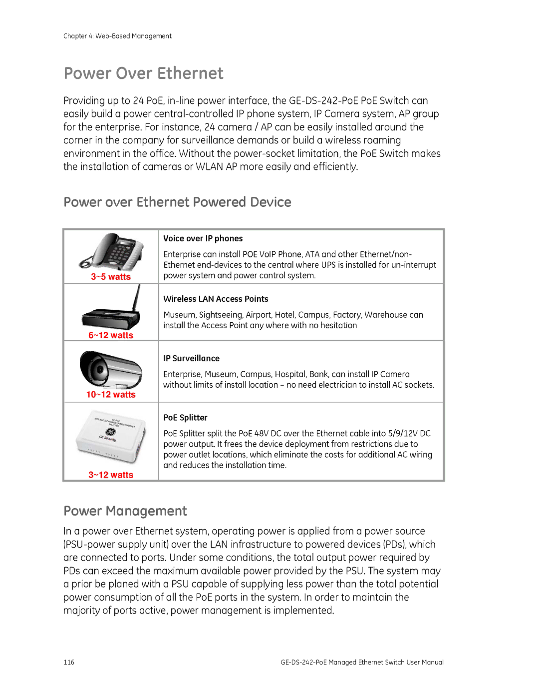 Graco GE-DS-242-POE manual Power Over Ethernet, Power over Ethernet Powered Device, Power Management 