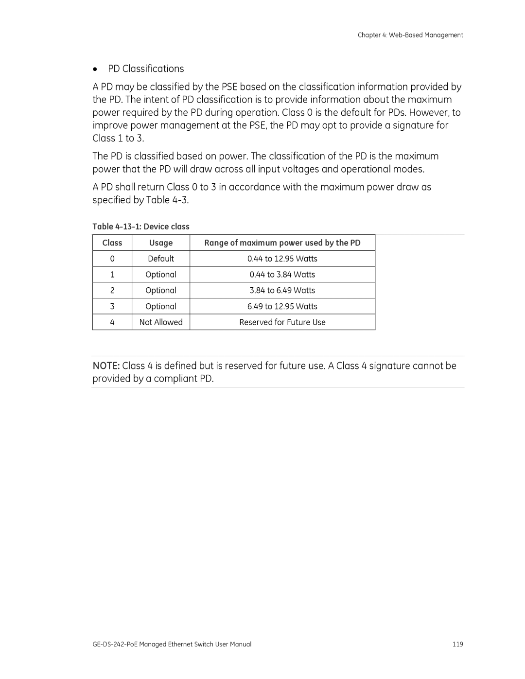 Graco GE-DS-242-POE manual Device class Class Usage 